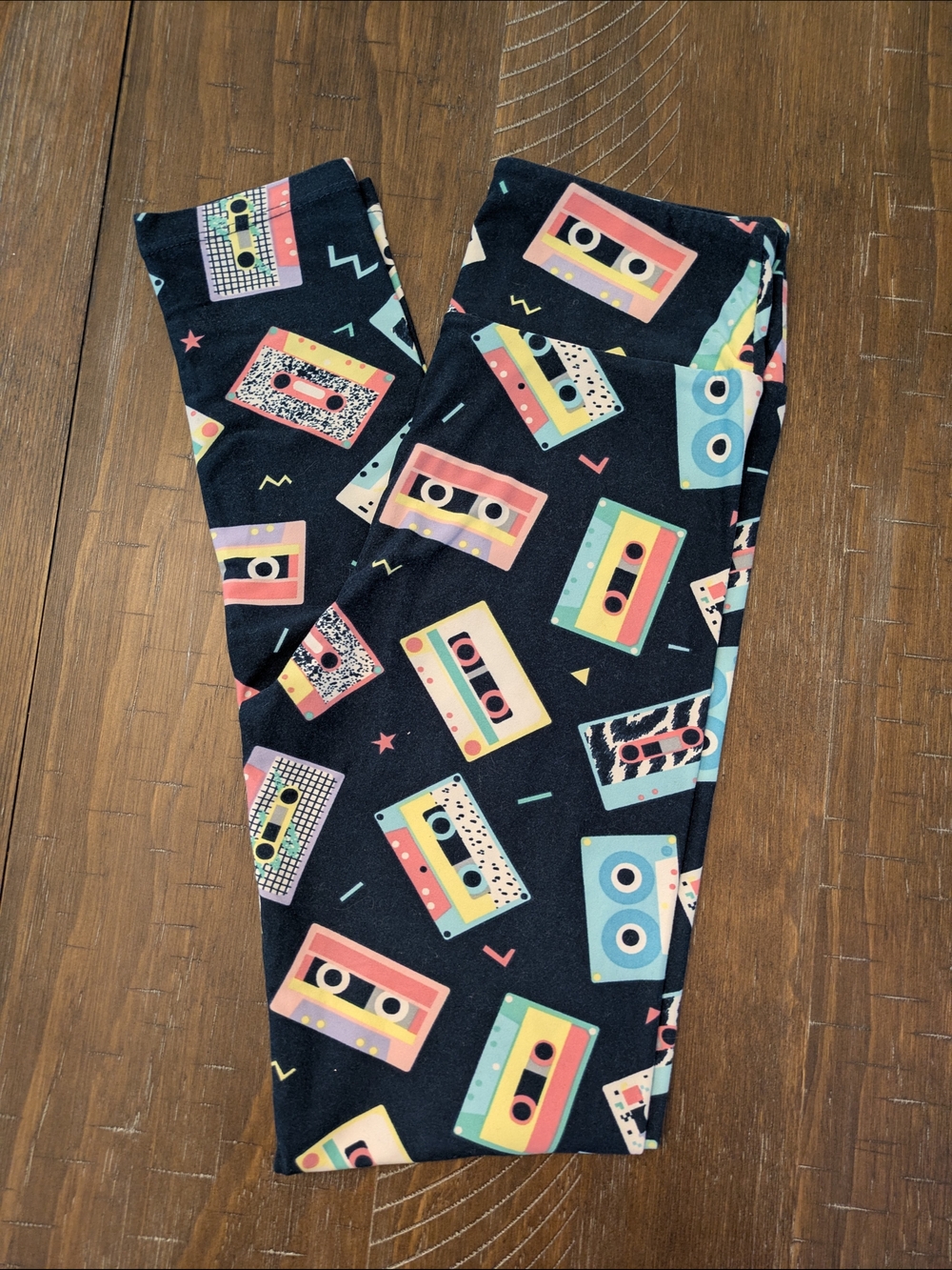 LuLaRoe Tween Black Leggings with Retro Cassette Print